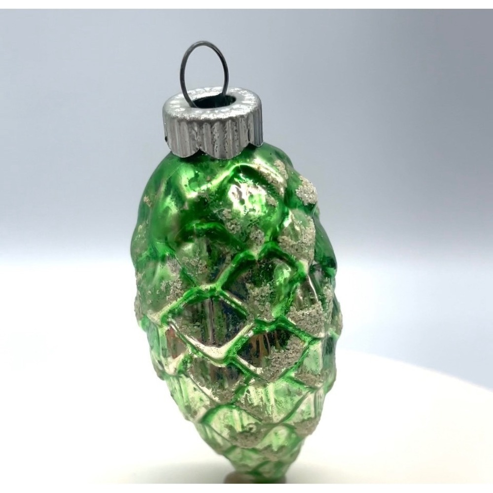 West Germany Pine Cone Ornament Green Mercury Glass Mica‎ Snow Vintage 3"